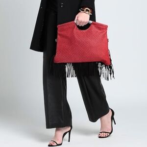 Ebarrito fringed red leather handbag w crossbody strap, NWT